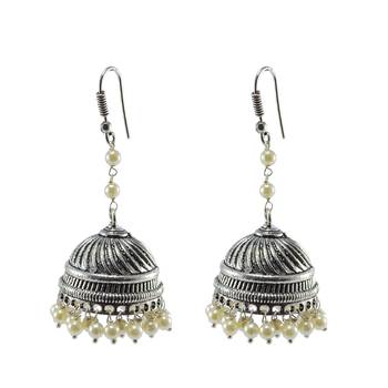 Royal Tradional Jewellery-Pearl Jhumka Earrings With Oxidized Finish 1