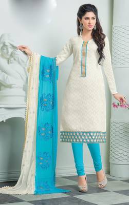 White Cotton Jacquard Embroidered unstitched kameez with dupatta 1