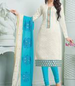 White Cotton Jacquard Embroidered unstitched kameez with dupatta
