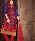 Blue Chanderi Embroidered unstitched salwar with dupatta