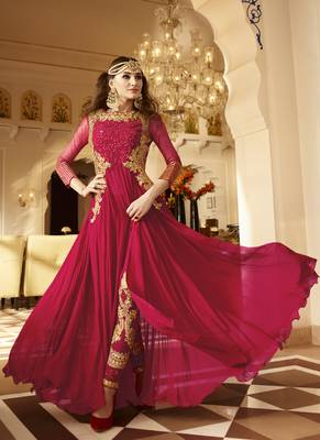 Blood red embroidered georgette semi stitched salwar with dupatta 1