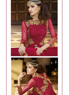 Blood red embroidered georgette semi stitched salwar with dupatta 2