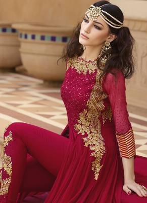 Blood red embroidered georgette semi stitched salwar with dupatta 3