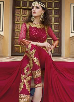Blood red embroidered georgette semi stitched salwar with dupatta 4