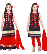 Navy embroidery and print dupion with netted fabric mastani dress kids girls