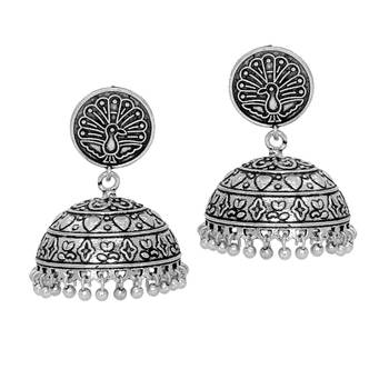 Antique Oxidised Mayura Design Silver Tone Brass Jhumka Earrings 1