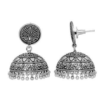 Antique Oxidised Mayura Design Silver Tone Brass Jhumka Earrings 2