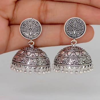 Antique Oxidised Mayura Design Silver Tone Brass Jhumka Earrings 3