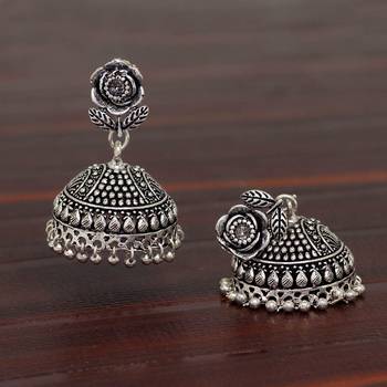 Splendid Flower Design Silver Oxidised Metal Jhumki Earring For Women And Girls 3