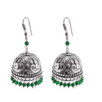 Seductive 24.8 Grams Handmade Alloy Oxidized 3 Mm Green Quartz Jaipur Jhumki Jewellery 1