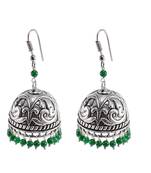 Seductive 24.8 Grams Handmade Alloy Oxidized 3 Mm Green Quartz Jaipur Jhumki Jewellery