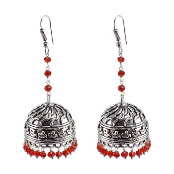 Ethnic Indian Temple Antique Oxidized Red Crystal Beads Earrings With Silver Plated Bollywood Jhumki For Women 1