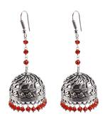 Ethnic Indian Temple Antique Oxidized Red Crystal Beads Earrings With Silver Plated Bollywood Jhumki For Women