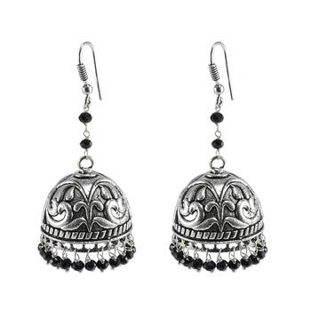 Ethnic Indian Temple Antique Oxidized Black Crystal Beads Earrings With Silver Plated Bollywood Jhumki For Women 1