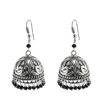 Jaipur Traditional Oxidized Silver Gift Drop Handmde Earring Silver Jhumkas With Black Crystal Beads 1