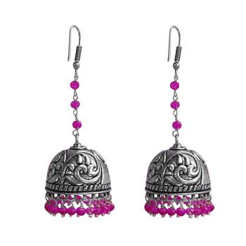 Ethnic Oxidized Jewellerydanglers With Pink Crystal Beads Large Jhumka Earrings 1