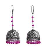 Ethnic Oxidized Jewellerydanglers With Pink Crystal Beads Large Jhumka Earrings