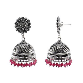 Ganesha Post Studs And Pink Beads Jhumkitribal Chandelier Earrings Jewellry 1