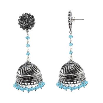 Blue Topaz Crystal Beads With Ganesha Studs Jhumkaoxidized Jhumki Handcrafted Earrings 1