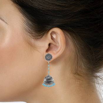 Blue Topaz Crystal Beads With Ganesha Studs Jhumkaoxidized Jhumki Handcrafted Earrings 2