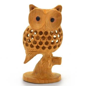 Good luck sign wooden owl sitting tree branch 1