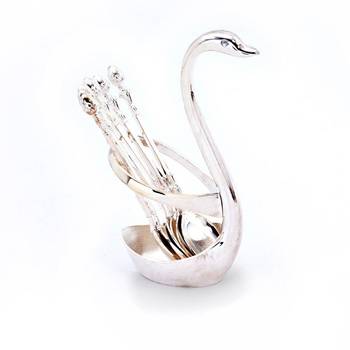 Silver polished swan shaped 6 spoon set stand 1