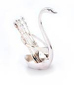 Silver polished swan shaped 6 spoon set stand