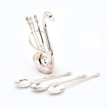 Silver polished swan shaped 6 spoon set stand 2
