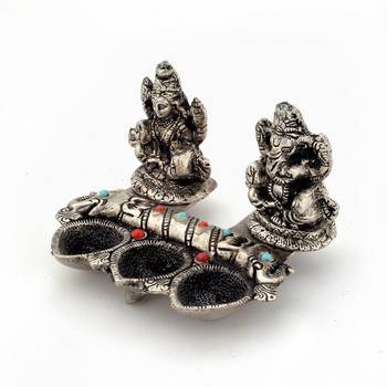 White metal lord laxmi ganeshas with diya set 1