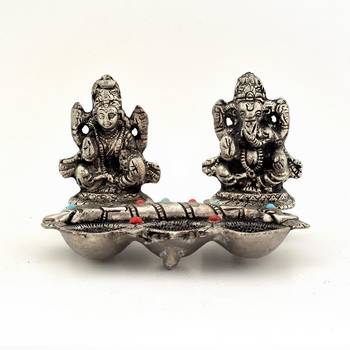 White metal lord laxmi ganeshas with diya set 2