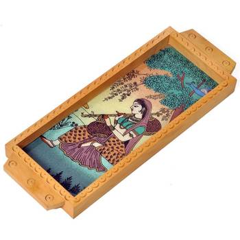 Jaipuri gemstone painted wooden serving tray 2