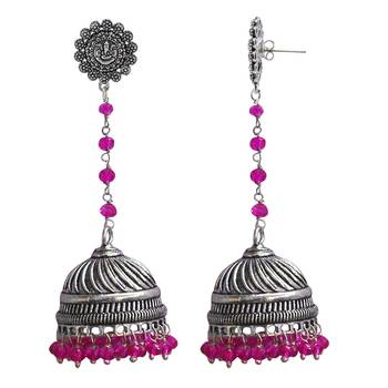 Pink Crystal Beads Traditional Ganesha Jhumka Earrings With Oxidized Finish 1