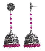 Pink Crystal Beads Traditional Ganesha Jhumka Earrings With Oxidized Finish