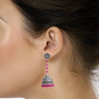 Pink Crystal Beads Traditional Ganesha Jhumka Earrings With Oxidized Finish 2