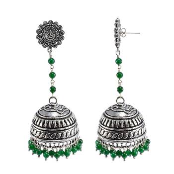 Oxidized Metal Green Quartz Ganesha Jhumki Earringstribal Jewellery 1