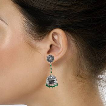 Oxidized Metal Green Quartz Ganesha Jhumki Earringstribal Jewellery 2
