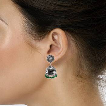 Jaipuri Jhumkiethnic Jewellryganesha Jhumka Earrings With Green Beads 2