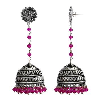 Pink Crystal Beads Traditional Ganesha Jhumka Earrings With Oxidized Finish 1