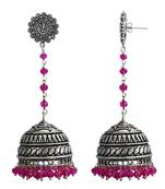 Pink Crystal Beads Traditional Ganesha Jhumka Earrings With Oxidized Finish