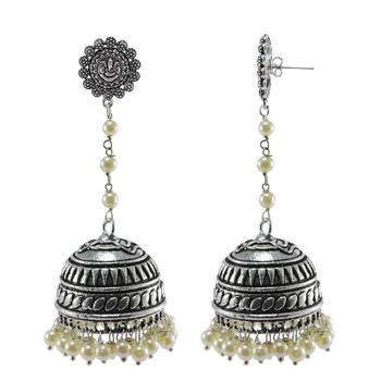Royal Tradional Jewellerypearl And Yoga Ganesha Jhumki Earrings With Oxidized Finish 1