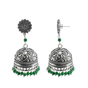 Oxidized Handmade Green 3 Mm Ganesha Jhumki Earringsjaipuri Jewellry 1