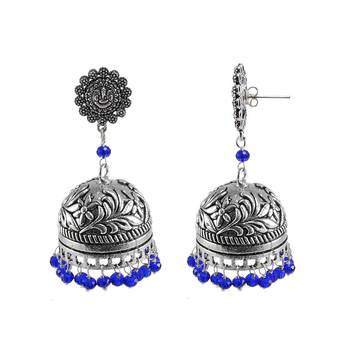 Antiquated Black Metal Ganesha Jhumki Earrings With Tiny Blue Crystals 1