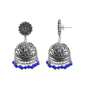 Elegant Handmade Dangle Ganesha Jhumki Earrings With Faceted Blue Crystal Beads 1