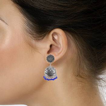 Elegant Handmade Dangle Ganesha Jhumki Earrings With Faceted Blue Crystal Beads 2