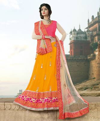 Mustard embroidered net unstitched lehenga 1