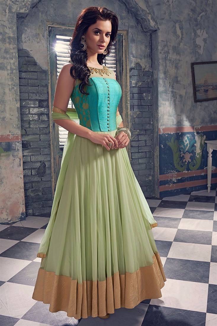 Green Net Neck Work semi stitched salwar with dupatta