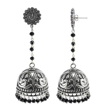 Black Crystal Beads With Ganesha Jhumki Earrings - Indian Jewellery 1