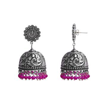 Jhumki Style Earrings With Oxidized Ganesha Studs Polish And Pink Crystals-Jaipur Grace 1