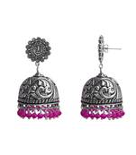 Jhumki Style Earrings With Oxidized Ganesha Studs Polish And Pink Crystals-Jaipur Grace