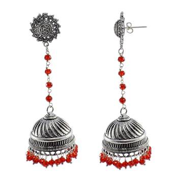 Large Statement Jhumka-Tribal Earrings-Red Crystal Beads And Surya Jhumki-Tribal Jewellery- 1